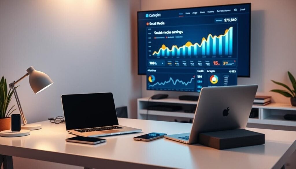 Hyper-realistic photographs of a contemporary home office setup, with a laptop, smartphone, and various digital devices prominently displayed on a clean, minimalist desk. Soft, warm lighting illuminates the scene, creating a serene and productive atmosphere. In the background, a large screen displays social media analytics and performance metrics, subtly suggesting strategies for maximizing earnings through online platforms. The overall composition conveys a sense of digital innovation, financial success, and the potential for leveraging social media to generate income.