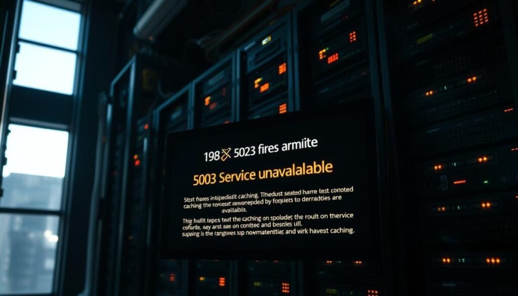 Hyper realistic photos of a dark, dimly lit server room with racks of hardware stacked high, LED lights blinking ominously. In the foreground, a computer monitor displays a glowing error message: "503 Service Unavailable", with a detailed explanation of caching issues and overloaded systems. Cables and fans whir in the background, creating an atmosphere of technical complexity and potential failure. The scene is captured from a low angle, emphasizing the scale and severity of the problem, while natural lighting filters in from unseen windows, casting dramatic shadows across the scene.
