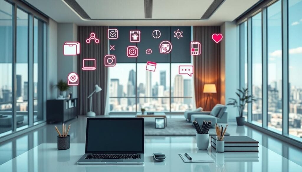 Imagine a professional, sleek office setting. In the foreground, a modern desk with a laptop, phone, and neatly organized stationery. Vibrant icons and illustrations float above, depicting the key benefits of a professional Instagram account: analytics, monetization tools, and advanced features. The middle ground showcases a stylish, well-lit environment with minimalist decor and large windows, bathing the scene in natural light. In the background, a cityscape with towering skyscrapers and a vibrant, bustling atmosphere. The overall mood is one of productivity, professionalism, and the opportunities unlocked by upgrading to a professional Instagram account. Hyper realistic, high-quality photographic style.