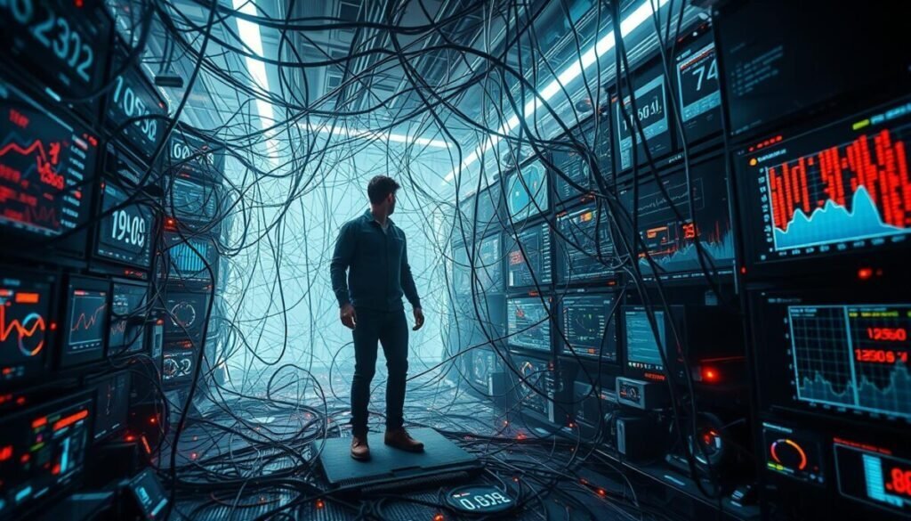 Misconfigured data streams: a tangled web of disorganized metrics, fragmented analytics, and broken connections. A complex network of digital tubes and wires, pulsing with erratic data flows. Pixelated numbers flicker across a maze of dashboards, obscuring insights behind a veil of technical chaos. Amidst the visual static, a lone engineer navigates the labyrinth, seeking to untangle the web and restore order to the data realm. Harsh fluorescent lighting casts harsh shadows, heightening the sense of disarray. Wide-angle lenses capture the scope of the problem, while close-ups reveal the granular details of this technological quagmire. The mood is one of frustrated discovery, a quest to unravel the mysteries of misconfigured data streams.