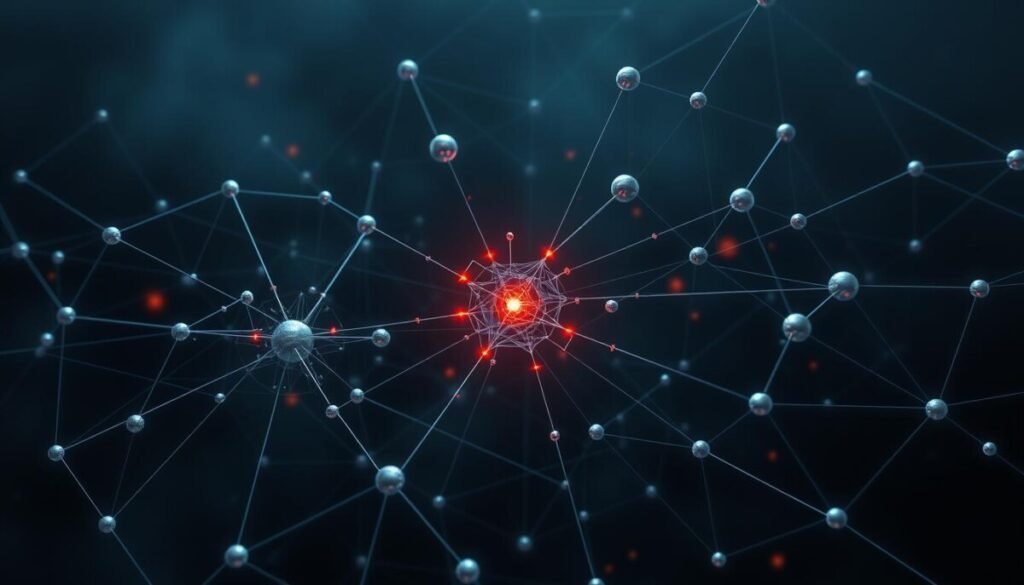 a highly detailed, photorealistic image of an algorithm represented as a complex, interconnected network of nodes, lines, and geometric shapes. The foreground features a central node pulsating with dynamic energy, surrounded by a web of intricate pathways and branching structures. The middle ground showcases various nodes of different sizes and colors, each representing different components or processes within the algorithm. The background is a moody, atmospheric setting with a sense of depth and scale, hinting at the broader scope and implications of the algorithm's workings. The lighting is dramatic, with strong shadows and highlights accentuating the three-dimensional forms and creating a sense of depth and volume. The overall aesthetic is one of technical sophistication, precision, and the constant evolution and adaptation of the algorithm.