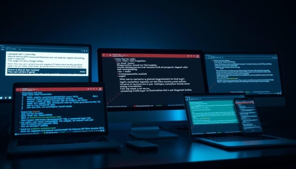 high detailed hyper realistic photographic illustration of common integration failures, showing multiple web application programming interface (API) error messages on computer screens, laptops, and mobile devices, with a sleek and modern user interface design, placed against a dark but softly lit background, creating a sense of technical complexity and urgency