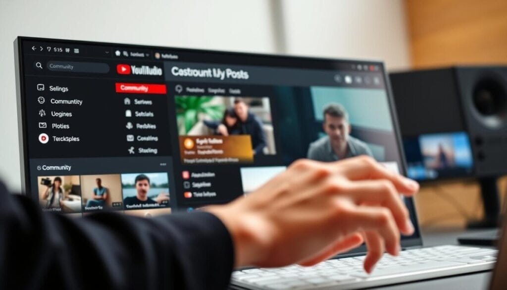 hyper realistic high definition photograph of a YouTube Studio dashboard, with a user interacting with the community tab and post management features. The image shows the YouTube Studio interface in the foreground, with a user's hands navigating through the various options and tools available for managing community posts. The background is blurred, creating a focus on the dashboard and its detailed menus and controls. The lighting is natural and diffused, creating a professional and focused atmosphere. The angle is slightly elevated, providing a clear and comprehensive view of the YouTube Studio interface.