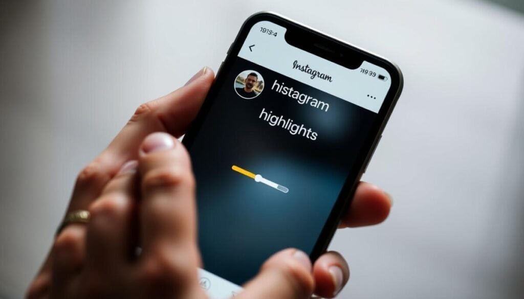 hyper realistic photograph of a mobile phone screen displaying the Instagram app, with the "highlights" section taking up the majority of the frame. The screen appears frozen, with a loading icon or spinner continuously spinning, indicating an issue with the highlights loading process. The phone is held in a hand, with the fingers visible in the foreground, suggesting the user's frustration with the problem. The background is blurred, keeping the focus on the phone screen. The lighting is natural, with soft shadows and highlights, creating a realistic and immersive scene. The overall mood is one of annoyance and the desire to resolve the problem.