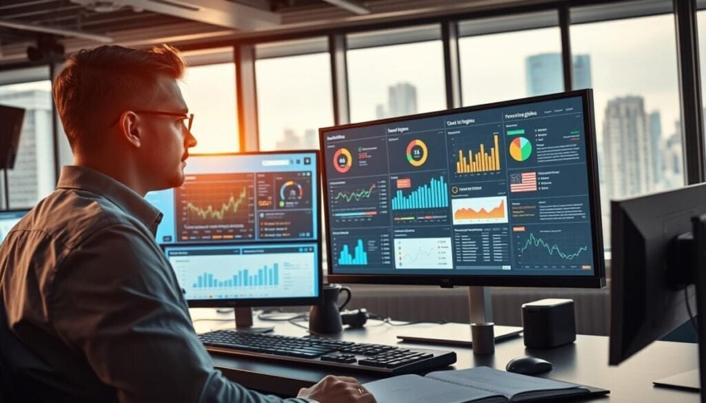 A bustling newsroom with a sleek, modern workstation. On the monitor, intuitive data visualizations display real-time media insights - sentiment analysis, trending topics, and engagement metrics. In the foreground, a thoughtful media analyst reviews the insights, casting a contemplative gaze. Soft, directional lighting highlights the workspace, creating a productive and insightful atmosphere. The background features a cityscape through large windows, conveying a sense of connectivity to the broader media landscape. Overall, the image conveys the power of AI-driven media monitoring tools to provide affordable, actionable intelligence for savvy marketers.