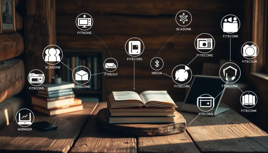 A cozy book nook with a stack of ebooks on a rustic wooden table, surrounded by various media platforms and devices, all bathed in warm, natural lighting. The platforms are represented by simple, minimalist icons, carefully arranged to suggest a harmonious ecosystem for distributing digital content. The overall scene evokes a sense of curation, thoughtfulness, and a deep understanding of the target audience's preferences and behaviors.