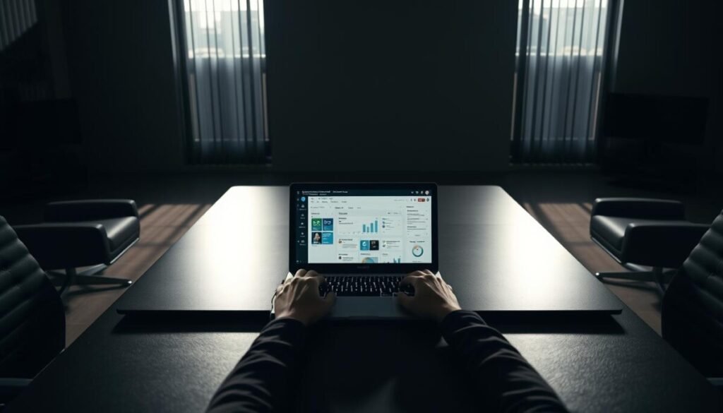 A dimly-lit office space, with a large desk taking center stage. On the desk, a laptop displays a web interface showcasing various social media analytics dashboards. The user's hands are focused on navigating the trial version of the software, their expression a mix of concentration and evaluation. The room is adorned with sleek, modern furniture, casting long shadows that add depth and atmosphere. Soft, directional lighting illuminates the scene, highlighting the user's engagement with the trial. The overall mood is one of professional exploration, as the user assesses the capabilities and limitations of the monitoring tool before making a purchasing decision. A dimly-lit office space, with a large desk taking center stage. On the desk, a laptop displays a web interface showcasing various social media analytics dashboards. The user's hands are focused on navigating the trial version of the software, their expression a mix of concentration and evaluation. The room is adorned with sleek, modern furniture, casting long shadows that add depth and atmosphere. Soft, directional lighting illuminates the scene, highlighting the user's engagement with the trial. The overall mood is one of professional exploration, as the user assesses the capabilities and limitations of the monitoring tool before making a purchasing decision.