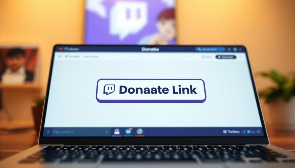 A highly detailed, photorealistic rendering of a donation link prominently featured on a Twitch channel. The link is displayed on a sleek, modern interface with a clean, minimalist design. The foreground showcases the donation button, with crisp, high-quality graphics that draw the viewer's attention. The middle ground features subtle branding elements, such as the Twitch logo, creating a cohesive and professional appearance. The background is softly blurred, allowing the donation link to be the focal point. Warm, indirect lighting creates a welcoming atmosphere, while the overall composition conveys a sense of trustworthiness and ease of use for potential donors.