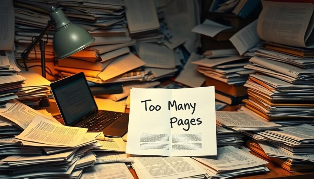 A messy, overstuffed desk with an abundance of open documents, scattered papers, and a laptop struggling to keep up. Warm, desk lamp lighting casts a cozy glow, but the cluttered scene conveys a sense of frustration and being overwhelmed. The focal point is a single document with "Too Many Pages" handwritten in the corner, highlighting the root of the issue. The overall mood is one of disorganization and the need for a solution to manage the excessive information.