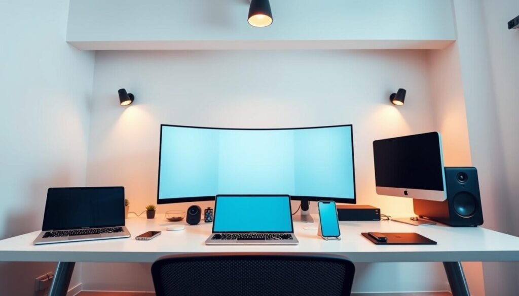 A modern, well-organized monitoring setup with multiple screens and devices displayed on a sleek, minimalist desk. The foreground shows a laptop, tablet, and smartphone arranged in an ergonomic layout, while the middle ground features a large curved monitor and a compact desktop computer. The background showcases a clean, white wall with minimal decor, creating a professional and distraction-free environment. Warm, diffused lighting from overhead fixtures casts a soft, productive glow on the setup, and the camera angle provides a dynamic, slightly elevated perspective to showcase the efficient, technology-driven workspace.