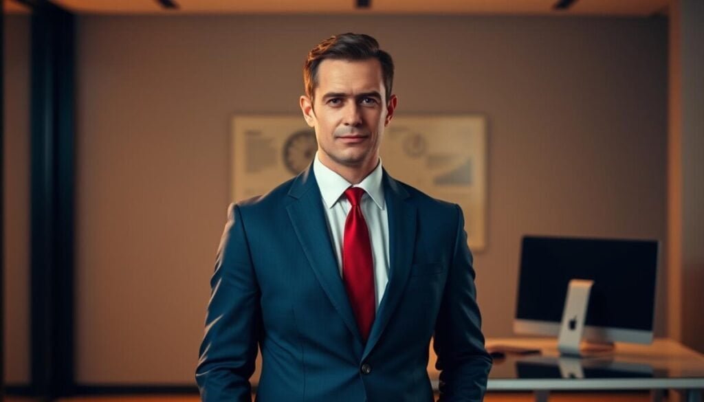 A professional business manager standing confidently in a modern office setting, dressed in a crisp navy blue suit with a white shirt and red tie. The lighting is warm and directional, creating subtle shadows that accentuate the manager's sharp features and steely gaze. The background is blurred, with a sleek, minimalist desk and computer setup visible, suggesting a high-tech, corporate environment. The overall atmosphere conveys a sense of authority, expertise, and decisive leadership.