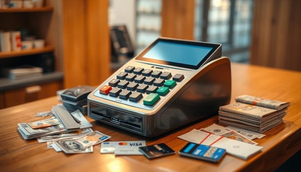A sleek, modern cash register prominently displayed on a polished wooden counter, surrounded by a variety of currencies and payment methods, including dollar bills, euro notes, and credit cards. The scene is bathed in warm, directional lighting, casting subtle shadows and highlights that accentuate the textures and materials. The overall composition exudes a sense of professionalism, efficiency, and financial security, with a clean and minimalist aesthetic that would complement the article's subject matter.