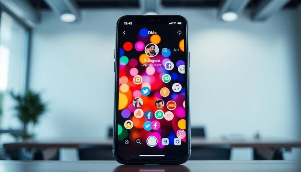 A sleek, modern smartphone display showcases a vibrant, visually engaging Instagram story feed. The foreground features an abstract, dynamic grid of colorful social media icons, pulsing with activity and engagement. The middle ground depicts a user's Instagram profile, with the "DMs" icon prominently displayed, hinting at the potential for organic algorithmic boosts. The background setting is a subtly lit, minimalist office or workspace, conveying a sense of productivity and digital connectivity. Soft, directional lighting creates depth and highlights the interactive, responsive nature of the story interface. The overall mood is one of efficient, streamlined digital engagement, inviting the viewer to explore the power of leveraging direct messages to amplify their social media presence.