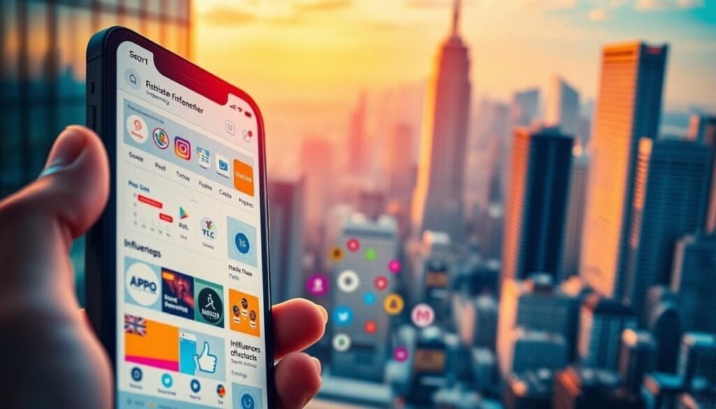 A vibrant and dynamic image depicting the opportunities available on influencer platforms. In the foreground, a close-up view of a smartphone screen showcases various influencer marketing tools and dashboards, illuminated by warm, directional lighting. The middle ground features a collage of social media icons, logos, and trending hashtags, suggesting the diverse range of platforms and networks available to modern influencers. In the background, a softly blurred cityscape with towering skyscrapers and a vibrant, saturated color palette sets the scene, conveying the scope and scale of the influencer industry. The overall mood is one of excitement, potential, and the power of leveraging digital channels for personal and professional growth.