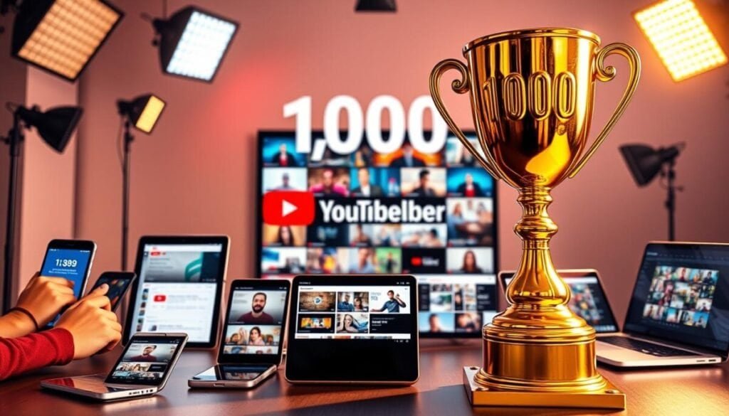 A vibrant and dynamic scene showcasing the milestone of 1,000 YouTube subscribers. In the foreground, a gleaming gold trophy towers, its metallic surface reflecting the warm lighting that bathes the entire composition. Surrounding the trophy, an array of digital devices - smartphones, tablets, and laptops - represent the engaged audience, their screens displaying various YouTube analytics and subscriber counts. In the middle ground, a collage of colorful, high-quality thumbnail images and video thumbnails highlights the diverse content creators have produced to reach this significant milestone. The background features a sleek, minimalist studio setup, with studio lights casting a soft, cinematic glow, conveying a sense of professional achievement and success. The overall mood is one of celebration, progress, and the tangible rewards of building a thriving YouTube channel.