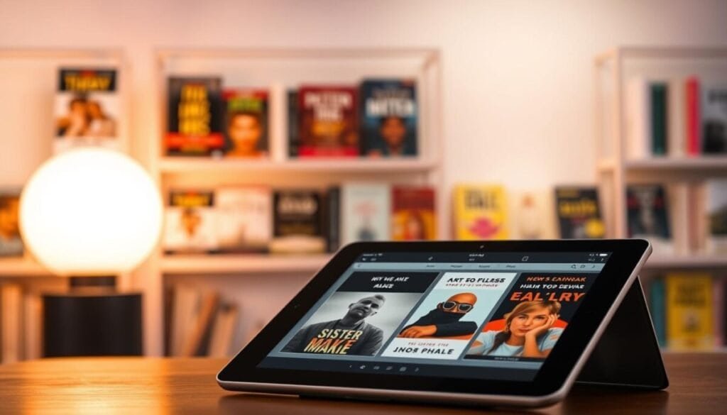 A vibrant digital bookstore showcasing a diverse selection of ebooks. In the foreground, a sleek tablet displays the cover art of various ebook titles, ranging from fiction to non-fiction, self-help to business. The middle ground features a minimalist, modern interface with intuitive navigation, allowing users to effortlessly browse, preview, and purchase ebooks. The background is a soft, gradient-driven color palette, evoking a sense of digital elegance and technological sophistication. Warm lighting emanates from the tablet, casting a subtle glow and emphasizing the ebook covers. The overall scene conveys the ease, accessibility, and versatility of selling ebooks online.