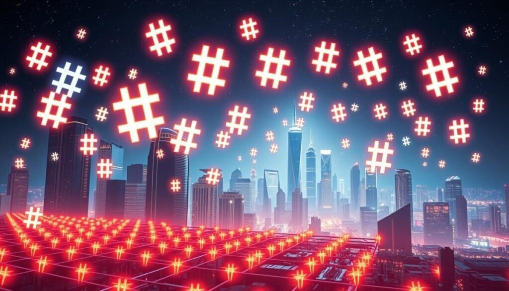 A vibrant, futuristic cityscape with a dynamic display of floating, neon-lit hashtags and location tags suspended in mid-air. The foreground features a bold, three-dimensional grid of glowing, animated symbols that seem to pulsate and dance, creating a sense of energy and discovery. The middle ground showcases a sleek, modern skyline with skyscrapers and futuristic architecture bathed in a warm, hazy light. In the background, a vast, starry night sky adds depth and a sense of limitless potential. The overall composition conveys a visually striking and captivating representation of the power of digital discoverability. A vibrant, futuristic cityscape with a dynamic display of floating, neon-lit hashtags and location tags suspended in mid-air. The foreground features a bold, three-dimensional grid of glowing, animated symbols that seem to pulsate and dance, creating a sense of energy and discovery. The middle ground showcases a sleek, modern skyline with skyscrapers and futuristic architecture bathed in a warm, hazy light. In the background, a vast, starry night sky adds depth and a sense of limitless potential. The overall composition conveys a visually striking and captivating representation of the power of digital discoverability.