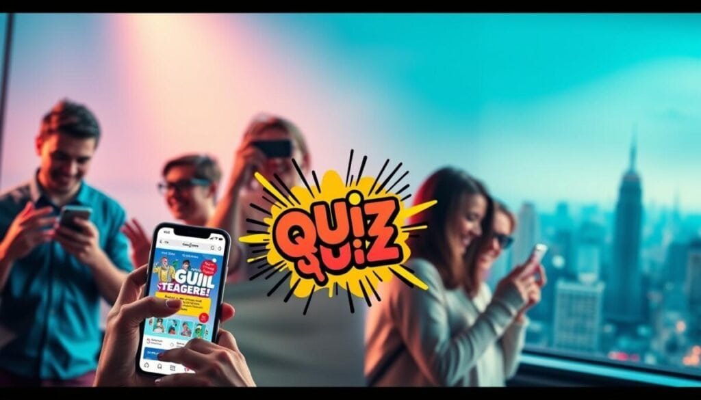 A vibrant, hyper-realistic Facebook advertisement for a fun and engaging quiz. In the foreground, a group of diverse people enthusiastically interacting with a dynamic, mobile-friendly quiz interface on their devices. The middle ground features a striking, eye-catching graphic design with bold colors and playful illustrations that capture the quiz's theme. In the background, a blurred city skyline sets the scene, suggesting the global reach and scalability of the Facebook quiz promotion. Dramatic lighting casts dramatic shadows, creating a sense of energy and dynamism. The overall mood is upbeat, inviting, and designed to maximize user engagement and quiz participation.