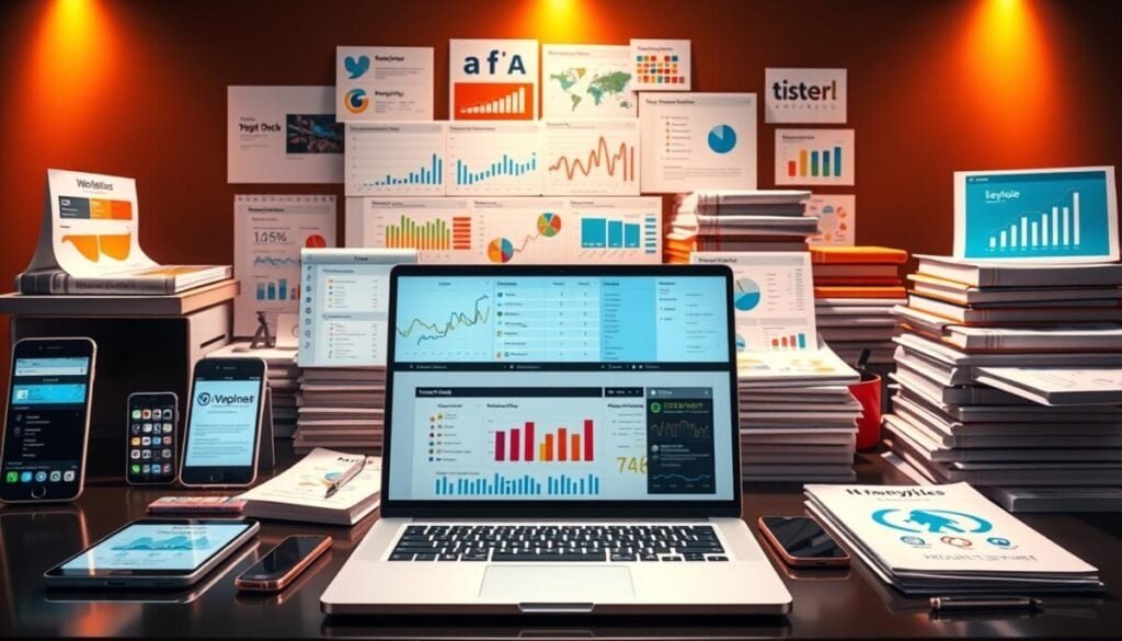 A vibrant, hyper-realistic image showcasing an assortment of social media monitoring tools. In the foreground, a sleek laptop displays real-time analytics dashboards, surrounded by an array of smartphones, tablets, and other digital devices. The middle ground features stacks of colorful reports, graphs, and infographics, meticulously arranged to highlight the specialized strengths of Mentionlytics, Brandmentions, Keyhole, Meta Business Suite, and Storyclash. The background is illuminated by warm, directional lighting, casting a professional, high-tech atmosphere over the entire scene. The composition emphasizes the powerful capabilities and comprehensive nature of these advanced social media monitoring solutions. A vibrant, hyper-realistic image showcasing an assortment of social media monitoring tools. In the foreground, a sleek laptop displays real-time analytics dashboards, surrounded by an array of smartphones, tablets, and other digital devices. The middle ground features stacks of colorful reports, graphs, and infographics, meticulously arranged to highlight the specialized strengths of Mentionlytics, Brandmentions, Keyhole, Meta Business Suite, and Storyclash. The background is illuminated by warm, directional lighting, casting a professional, high-tech atmosphere over the entire scene. The composition emphasizes the powerful capabilities and comprehensive nature of these advanced social media monitoring solutions.