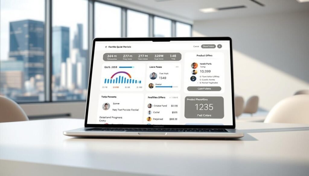 A visually engaging and monetizable quiz interface displayed on a sleek, high-end laptop. The foreground features a clean, modern quiz dashboard with customizable metrics, interactive progress bars, and intuitive quiz controls. The middle ground showcases product placement for relevant affiliate offers and in-app purchases, seamlessly integrated into the quiz experience. The background depicts a minimalist office setting with large windows overlooking a vibrant cityscape, conveying a sense of productivity and professionalism. Soft, directional lighting accentuates the high-quality, hyper-realistic rendering of the scene, creating an aspirational and visually appealing impression.