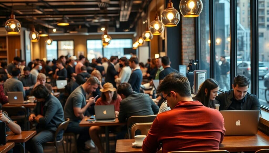 A crowded public café with an array of people working on laptops, surrounded by the warm glow of pendant lights and the hum of chatter. In the foreground, a person sitting at a table, focused on their device, unaware of the potential security risks of the open Wi-Fi network. In the middle ground, a barista prepares a steaming cup of coffee, while in the background, the cityscape outside the window hints at the bustling urban environment. The scene conveys a sense of productivity and connection, while subtly highlighting the need for caution when using public internet access.