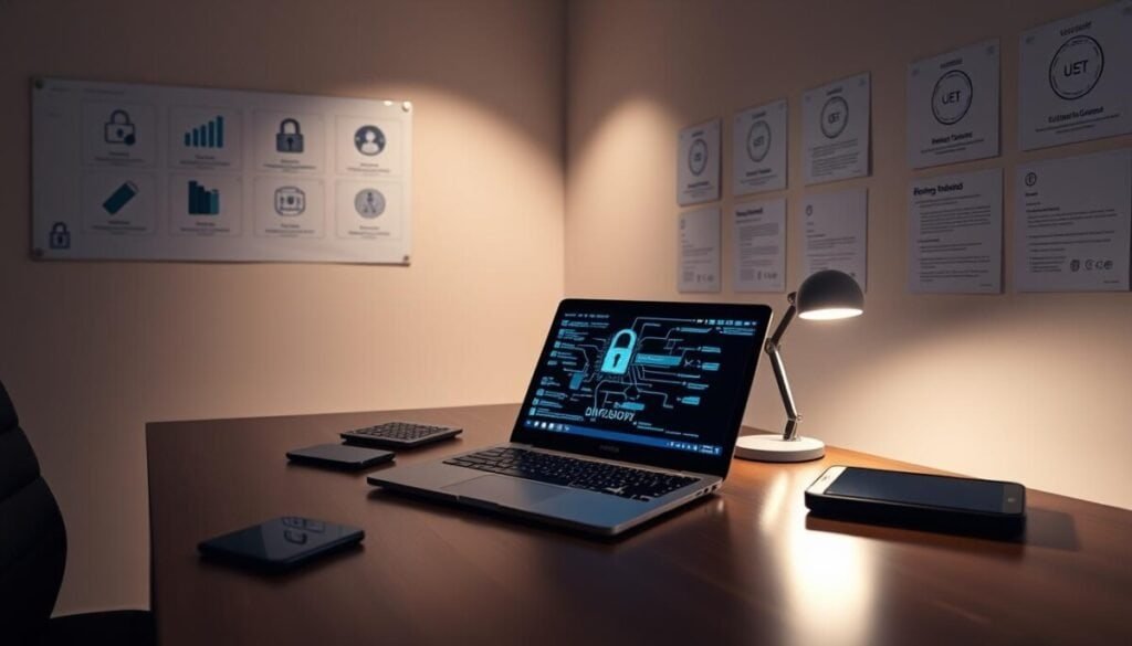 A dimly lit office space, with a sleek and modern desk setup. On the desk, a laptop, a smartphone, and a tablet, all secured with biometric locks and encrypted connections. The walls are adorned with digital security diagrams and compliance certifications, reflecting the importance of data protection and regulatory adherence. Soft, ambient lighting casts a warm glow, creating a sense of professionalism and attention to detail. The overall atmosphere conveys a heightened awareness of the critical security and privacy considerations necessary for teams operating in the U.S. market.