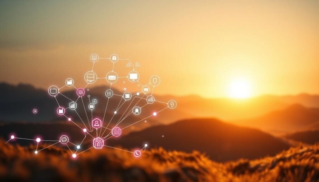 A dynamic, interconnected landscape depicting the seamless integration of digital systems and workflows. In the foreground, a cluster of geometric shapes and icons symbolize various business applications and tools, connected by vibrant energy lines and data streams. The middle ground features a sleek, minimalist interface with intuitive controls, conveying the effortless management of these integrated systems. In the background, a soft, ethereal glow emanates, creating a sense of harmony and efficiency, as if the entire ecosystem is operating in perfect synchronization. Lighting is warm and diffused, with a subtle depth of field that draws the viewer's attention to the central integration elements. The overall composition suggests a future where small businesses can harness the power of AI-driven automation and connectivity to streamline their operations and drive growth.