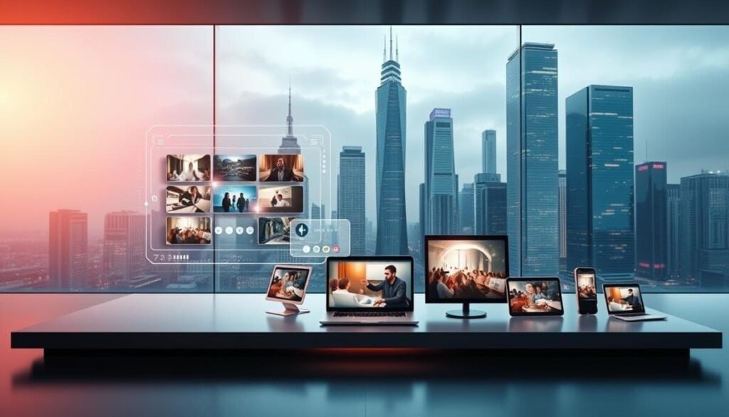 A futuristic, dynamic streaming platform set against a sleek, minimalist backdrop. In the foreground, an elegant, holographic user interface hovers, showcasing various video streams and customizable controls. The middle ground features a versatile array of devices - laptops, tablets, and smartphones - seamlessly connected and streaming high-quality content. In the background, a cityscape of towering, glass-and-steel skyscrapers is illuminated by the glow of digital displays, creating an atmosphere of innovation and technology. Warm, ambient lighting bathes the scene, conveying a sense of professionalism and efficiency tailored for the modern business.