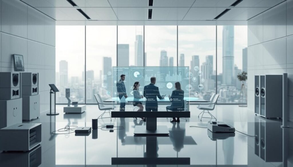 A futuristic, minimalist office setting with clean lines and sleek, high-tech equipment. In the foreground, a desktop computer with a holographic display showcases an intuitive dashboard, representing intelligent automation and workflow orchestration. Surrounding it, various smart devices and sensors are seamlessly integrated, creating a cohesive, connected environment. The middle ground features a team of professionals collaborating at a large, glass conference table, their movements and interactions mirrored on the transparent surface. The background depicts a cityscape with towering skyscrapers, hinting at the scale and impact of these no-code database tools in the modern, digital landscape.