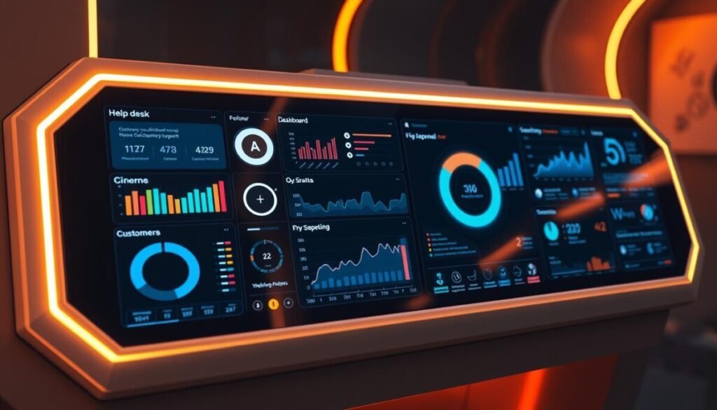 A futuristic, sleek control panel displaying unified data across multiple customer support channels - help desk, CRM, and more. The interface features a clean, minimalist design with intuitive dashboard widgets, vivid data visualizations, and seamless real-time updates. Warm, directional lighting accentuates the smooth, reflective surfaces, creating a sense of technological sophistication. The composition highlights the interconnected nature of the data, conveying a unified, omnichannel support experience for both agents and customers. A subtle, ambient glow emanates from the panel, evoking a modern, cutting-edge aesthetic.