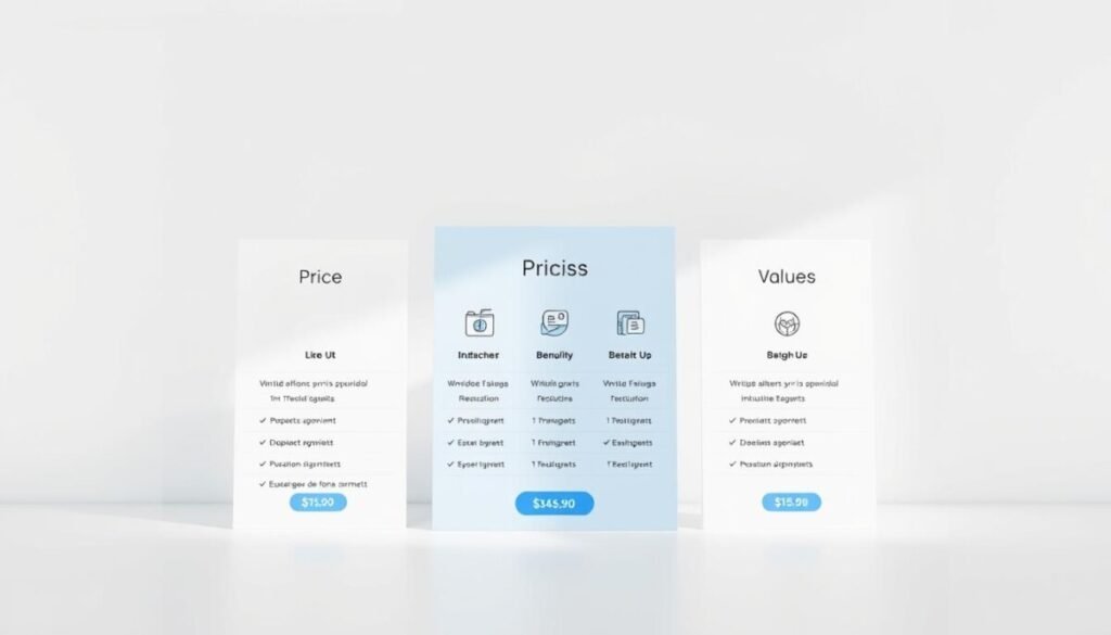 A minimalist, high-contrast visual representation of pricing plans and value proposition for a cloud-based software product. In the foreground, clean, legible pricing tiers presented in a grid layout, with clear delineation between different feature sets and monthly costs. The middle ground showcases intuitive icons and graphical elements highlighting the key benefits of each plan. The background features a subtle, blurred pattern or texture that evokes a sense of modernity and professionalism. Lighting is clean and directional, creating depth and emphasizing the pricing information. The overall mood is one of clarity, simplicity, and data-driven decision making.