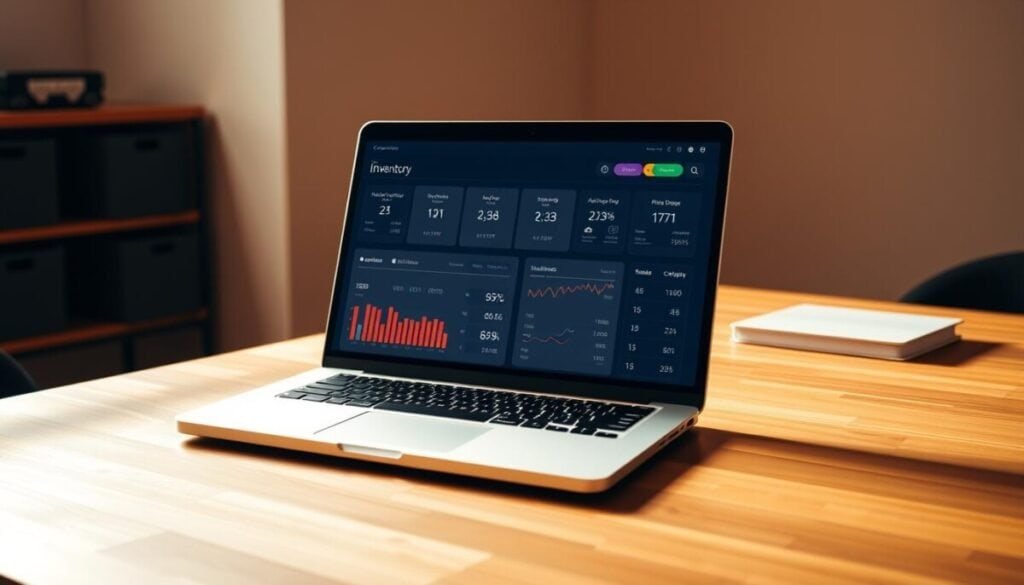A modern, high-tech inventory dashboard displayed on a sleek, silver laptop computer. The dashboard shows real-time inventory data, including product quantities, sales trends, and stock movement. The laptop is placed on a minimalist wooden desk, with a clean, uncluttered workspace. Warm, directional lighting illuminates the scene, casting subtle shadows and highlights. The overall atmosphere conveys efficiency, organization, and a sense of control over the e-commerce business's inventory.
