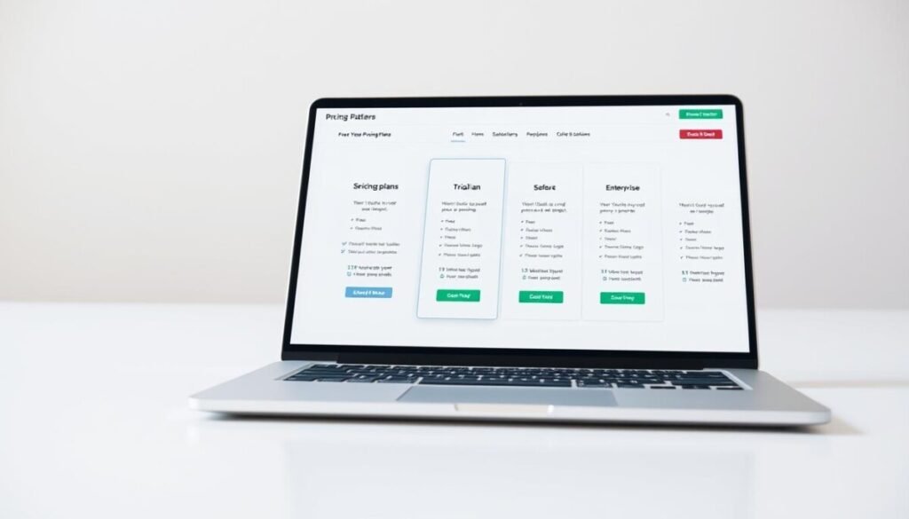 A modern, minimalist pricing plans platform displayed on a sleek, silver laptop. The foreground showcases several pricing tiers, including a free plan, a trial offer, and an enterprise solution, each with clear and concise details. The middle ground features a clean, user-friendly interface with intuitive navigation and call-to-action buttons. The background has a soft, blurred gradient, creating a professional and sophisticated atmosphere. The lighting is neutral, with a subtle focus on the pricing information, emphasizing its importance. The camera angle is slightly elevated, giving a sense of authority and authority to the platform.