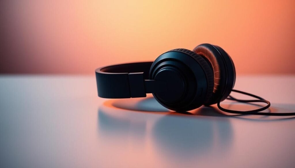 A serene, minimalist scene featuring a pair of high-quality, professional studio headphones resting on a sleek, modern desk. The headphones are illuminated by warm, soft lighting, casting subtle shadows and highlighting their elegant design. The background is a muted, neutral color that allows the headphones to be the focal point. The overall atmosphere is one of sophistication, creativity, and the pursuit of high-quality, royalty-free audio for professional use.