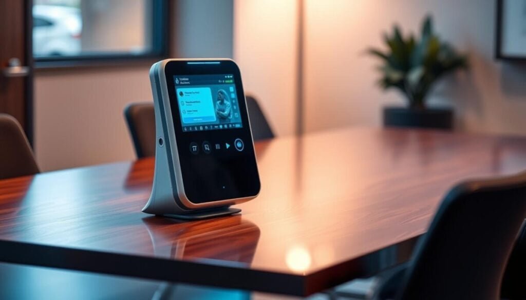 A sleek, futuristic-looking meeting assistant standing on a polished wooden table, its holographic display projecting a virtual interface. The assistant has a streamlined, minimalist design with clean lines and a subtle sheen, conveying a sense of advanced technology. Soft, ambient lighting illuminates the scene, creating a warm and inviting atmosphere. The background is slightly blurred, allowing the assistant to be the focal point, capturing the viewer's attention. The overall impression is one of efficiency, productivity, and the seamless integration of AI-powered tools into the modern business environment.