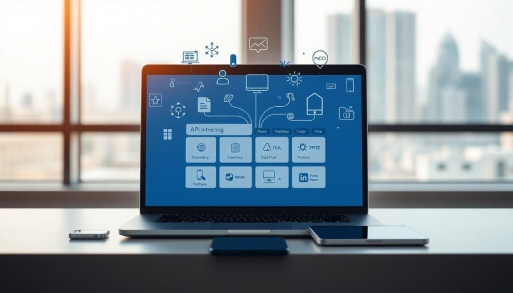 A sleek, minimalist office setting with a laptop screen prominently displaying a suite of no-code API integration tools. The workspace is illuminated by soft, natural lighting from large windows, creating a warm, productive atmosphere. In the foreground, various digital icons and illustrations representing API connectivity, data flows, and automation float above the laptop, hinting at the powerful capabilities of these user-friendly tools. The middle ground features a smartphone and tablet, showcasing the cross-platform accessibility of the no-code solutions. The background is a blurred cityscape, suggesting the broader business context in which these tools seamlessly integrate. The overall scene conveys the efficiency, simplicity, and versatility of no-code API integration for non-technical users. A sleek, minimalist office setting with a laptop screen prominently displaying a suite of no-code API integration tools. The workspace is illuminated by soft, natural lighting from large windows, creating a warm, productive atmosphere. In the foreground, various digital icons and illustrations representing API connectivity, data flows, and automation float above the laptop, hinting at the powerful capabilities of these user-friendly tools. The middle ground features a smartphone and tablet, showcasing the cross-platform accessibility of the no-code solutions. The background is a blurred cityscape, suggesting the broader business context in which these tools seamlessly integrate. The overall scene conveys the efficiency, simplicity, and versatility of no-code API integration for non-technical users.