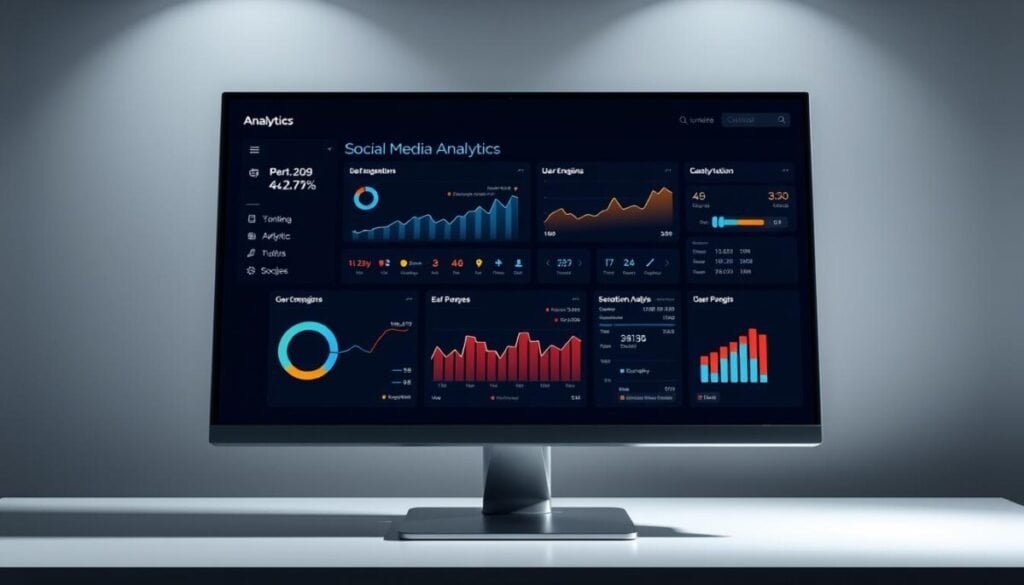 A sleek, modern analytics dashboard displayed on a large, high-resolution computer monitor. The dashboard features a clean, minimalist design with a dark color scheme accentuated by vibrant data visualizations. The dashboard displays various metrics and KPIs relevant to social media analytics, including user engagement, sentiment analysis, and campaign performance. The display is illuminated by soft, directional lighting, creating a professional and immersive atmosphere. The dashboard is positioned on a minimalist, desk-like surface, with the monitor slightly angled towards the viewer, inviting engagement and analysis.