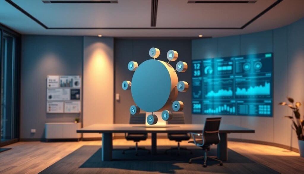 A sleek, modern office setting with a large, floating Looker Studio connector icon prominently displayed in the foreground. Smooth, minimalist design elements in shades of blue, grey, and white create a professional, tech-savvy atmosphere. The connector is surrounded by subtle social media platform icons, hinting at the integration capabilities. Warm, directional lighting casts dramatic shadows, adding depth and highlighting the connector's three-dimensional structure. The background features an array of digital dashboards and analytical visualizations, conveying the power of data-driven decision making. The overall composition suggests a seamless, future-proof analytics workflow that bridges social media insights with broader business intelligence.