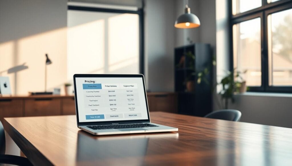 A sleek, modern office setting with a polished wooden desk and minimalist decor. On the desk, a laptop displays a pricing plan interface with clean, intuitive layout and clearly delineated subscription tiers. Soft, warm lighting from a large window casts a pleasant glow, complemented by the cool tones of the digital display. The overall scene conveys a sense of professionalism, accessibility, and alignment between the pricing structure and the needs of a growing small e-commerce business.