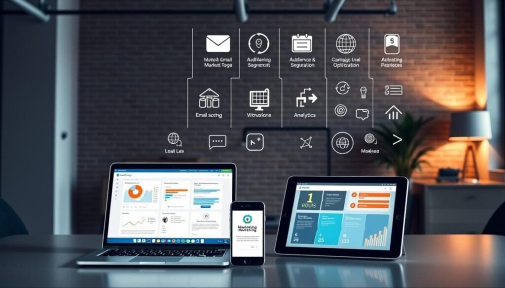 A sleek, modern office space with an array of digital marketing automation tools prominently displayed. The foreground features a laptop, smartphone, and tablet, each showcasing intuitive software interfaces for email, workflow, and analytics. In the middle ground, an array of icons and infographics illustrate the various capabilities of these tools - lead scoring, audience segmentation, campaign optimization, and more. The background has a minimalist, industrial aesthetic with exposed brick walls and subtle mood lighting, creating a professional yet approachable atmosphere. The overall composition conveys the power and versatility of marketing automation to streamline and enhance digital campaigns.
