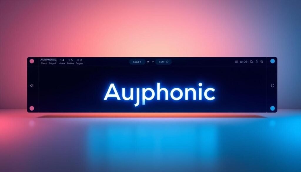 A sleek, modern software interface with a clean, minimalist design. The Auphonic logo prominently displayed in the center, rendered in a soft, glowing blue hue that radiates a sense of sophistication and technological prowess. The background features a subtle gradient, transitioning from a pale, ethereal blue to a deeper navy, evoking a calming, professional atmosphere. The entire scene is bathed in a warm, directional lighting, casting subtle shadows and highlights that accentuate the refined aesthetic. The composition is balanced and symmetrical, creating a visually striking and visually appealing representation of the Auphonic audio software.