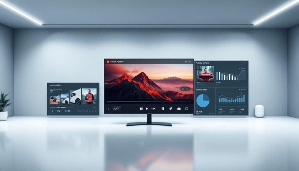 A sleek, modern streaming platform interface with a minimalist design. The foreground features a large, high-definition video player with crisp, vibrant imagery and smooth playback. The middle ground showcases intuitive user controls, analytics dashboards, and monetization options arrayed in a clean, organized layout. The background depicts a serene, atmospheric environment with soft lighting and muted color tones, creating a sense of professionalism and sophistication. The overall composition conveys a secure, well-designed platform tailored for business use, with a focus on user experience, data insights, and revenue generation.