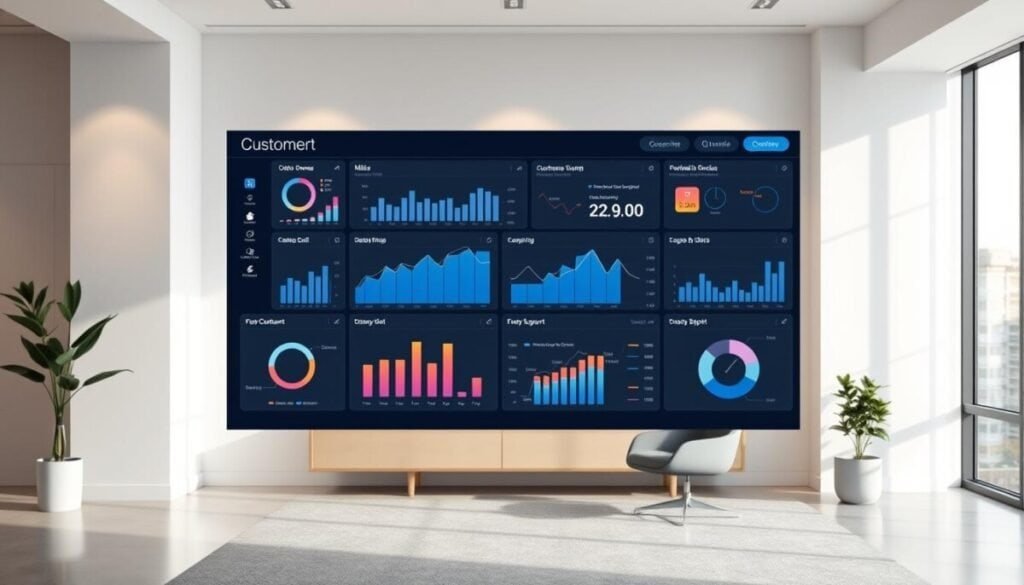 A sophisticated data visualization dashboard floats in a minimalist, well-lit office environment. Sleek graphs, charts, and metrics display key performance indicators related to customer support and engagement. The dashboard's interface is intuitive and clean, with a balanced layout that draws the viewer's eye. Soft, neutral tones create a calming, professional atmosphere, while strategic lighting casts a subtle glow across the scene. The overall impression conveys a sense of insightful analysis, data-driven decision making, and continuous improvement within a customer-centric support environment.