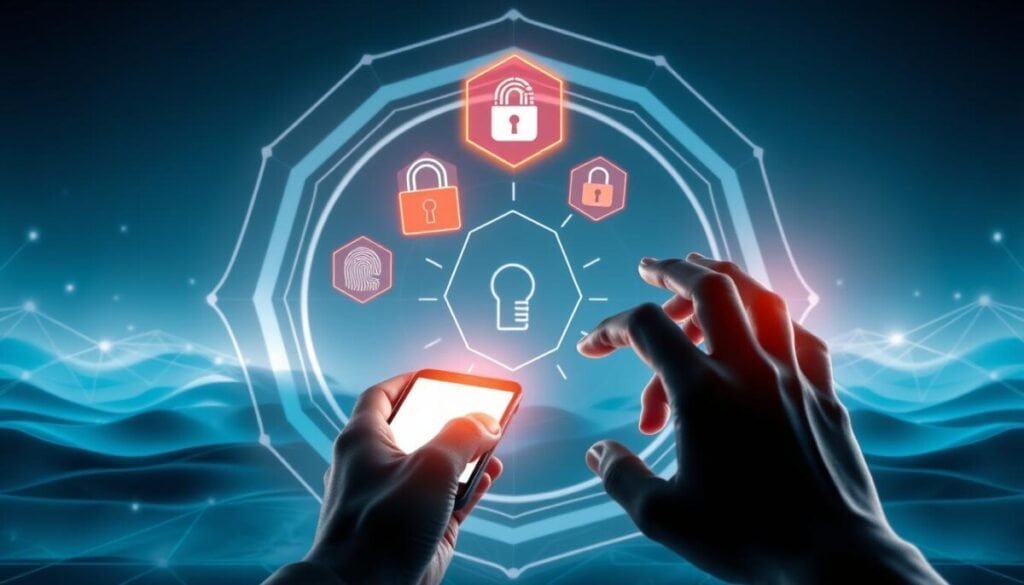 A striking illustration of multi-factor authentication, featuring a series of interlocking security protocols. In the foreground, a user's hand reaches towards a smartphone, their face illuminated by the device's glow, signaling biometric verification. In the middle ground, a series of security icons - fingerprint, key, and shield - float in a geometric pattern, representing the different authentication factors. The background is a cool-toned, abstract landscape of interlocking shapes and lines, suggesting the layered, interconnected nature of modern access controls. The scene is captured with a cinematic, high-contrast lighting, creating a sense of tension and the importance of secure identity management.