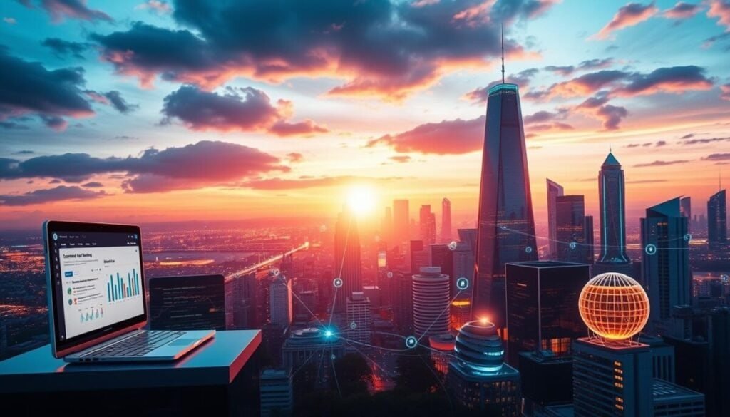 A vibrant digital landscape showcasing a diverse array of LinkedIn automation tools. In the foreground, sleek software interfaces and intuitive dashboards come to life, highlighting the seamless integration of cutting-edge features. The middle ground features an array of icons and visual cues representing various functionalities, from automated content creation to advanced lead generation. In the background, a futuristic cityscape with towering skyscrapers and a vibrant, neon-lit skyline sets the stage for this technological revolution. The scene is bathed in a warm, optimistic glow, conveying the transformative potential of these innovative tools. Detailed, high-definition, cinematic lighting, 8K resolution. A vibrant digital landscape showcasing a diverse array of LinkedIn automation tools. In the foreground, sleek software interfaces and intuitive dashboards come to life, highlighting the seamless integration of cutting-edge features. The middle ground features an array of icons and visual cues representing various functionalities, from automated content creation to advanced lead generation. In the background, a futuristic cityscape with towering skyscrapers and a vibrant, neon-lit skyline sets the stage for this technological revolution. The scene is bathed in a warm, optimistic glow, conveying the transformative potential of these innovative tools. Detailed, high-definition, cinematic lighting, 8K resolution.