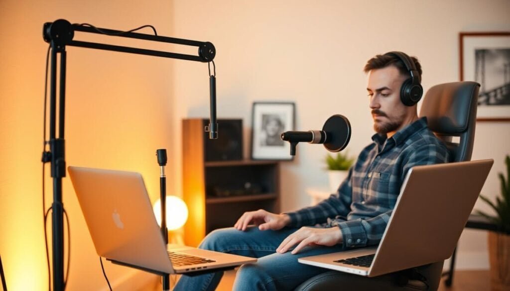 A well-lit home studio setup with a professional-grade microphone, headphones, and a laptop. The podcaster sits comfortably in a modern, ergonomic chair, their hands poised over the keyboard, their expression focused and engaged. Warm, diffused lighting illuminates the scene, creating a cozy, inviting atmosphere. The background features a clean, minimalist design, with a few subtle elements like a potted plant or a framed piece of artwork, suggesting a creative and productive workspace. The overall composition conveys a sense of efficiency, professionalism, and the smooth execution of the podcast hosting process.