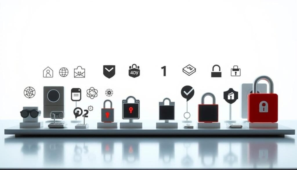 A wide selection of 2FA solutions displayed on a sleek, minimalist table against a clean, bright background. The solutions are represented by various security icons and symbols, each conveying a distinct level of protection. The scene is bathed in soft, directional lighting, creating depth and highlighting the nuanced details of the different 2FA options. The overall composition suggests a comparison, inviting the viewer to explore which solution best matches their specific security requirements and use case.