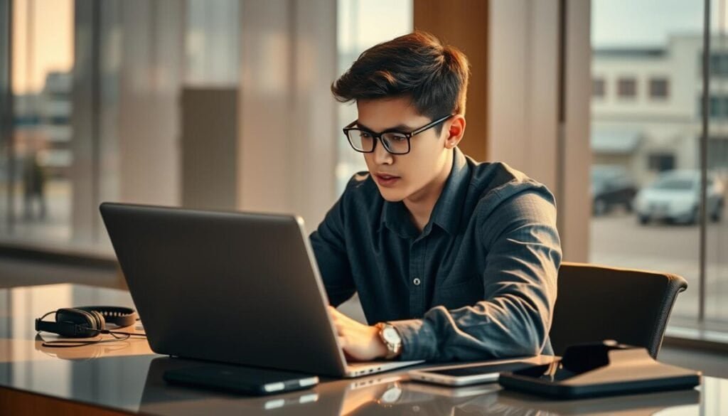 A young professional sitting at a sleek, modern desk, intently focused on a laptop screen, surrounded by various devices and accessories - a smartphone, a tablet, a pair of wireless headphones. The workspace is bathed in warm, directional lighting, casting dramatic shadows and highlights across the scene. The background is blurred, hinting at a high-tech, urban office environment. The subject's facial expression conveys a sense of creativity, concentration, and the fast-paced, tech-savvy nature of social media content creation. The overall mood is one of productive, forward-thinking digital media work.