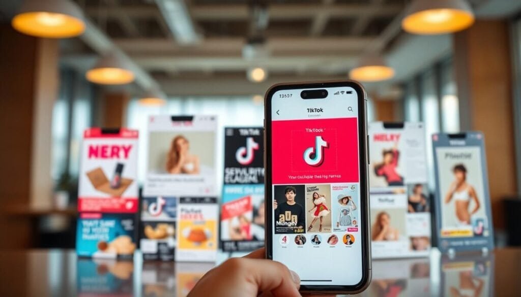Cinematic view of an assortment of TikTok ads displayed on a smartphone screen. The ads showcase various products, services, and influencers, each with eye-catching graphics, bold colors, and dynamic animations. The screen is positioned in the foreground, casting a soft glow and reflecting the content. In the middle ground, a blurred backdrop of a modern office or social media environment, hinting at the integration of TikTok advertising into everyday business operations. The lighting is warm and natural, creating a sense of authenticity and engagement. The overall atmosphere conveys the power and potential of TikTok as a marketing platform to outpace competitors.