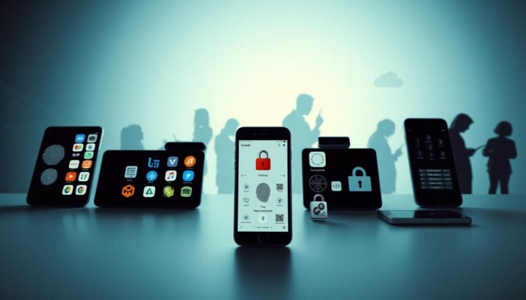 Two-Factor Authentication Tools Beyond Google Authenticator Dramatic lighting accentuates sleek, modern mobile devices against a minimalist background. In the foreground, a grid of diverse authentication app icons - including fingerprint, facial recognition, and hardware security keys - commands attention. The middle ground features silhouettes of users interacting with their devices, emphasizing the seamless user experience. The background subtly hints at network connections, data flows, and cloud infrastructure, conveying the robust security underpinnings. A cool, muted color palette evokes a sense of trust and reliability, while sharp angles and clean lines reflect the precision and sophistication of these advanced two-factor authentication solutions.